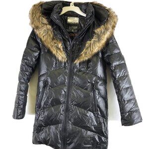 Kensie, Women’s Black Puffer Quilted Coat, Faux Fur Trim Hood XS